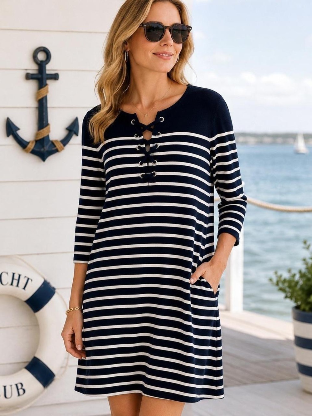 Talbots Navy White Striped Lace-Up Knit Dress Size M